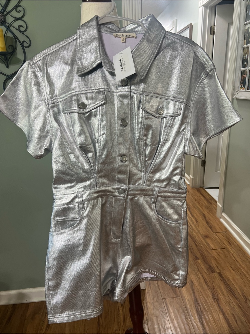Peach Love California Metallic Silver Short Sleeve Romper - Picture 3 of 5